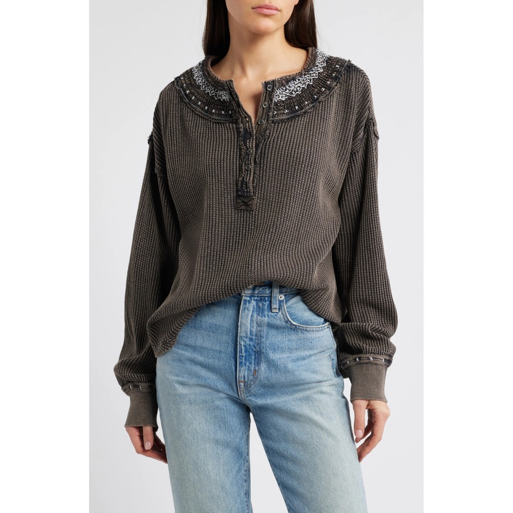 We The Free Free People Brown Waffle Knit Henley Embroidered Thermal Top XS